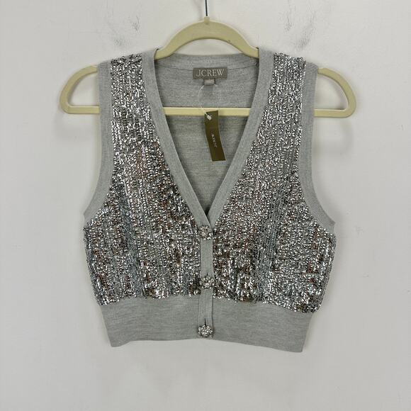 J.Crew Merino Wool V Neck Sweater Vest Silver Sequin Party Preppy Small NWT - Picture 6 of 14